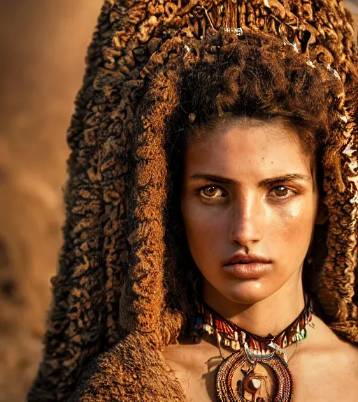 Image similar to portrait of a stunningly beautiful israeli tribal female, depth of field, zeiss lens, detailed, symmetrical, centered, fashion photoshoot, by Annie Leibovitz and Steve McCurry, David Lazar, Jimmy Nelsson, Breathtaking, 8k resolution, extremely detailed, beautiful, establishing shot, artistic, hyperrealistic, beautiful face, octane render