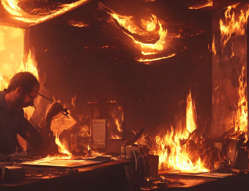 Image similar to a man works at a workstation in a very hot office with burning fires, close up, featured in artstation, octane render, intricate, ultra detailed, fantasy, concept art, wide - angle lens, sharp focus, illustration, 8 k