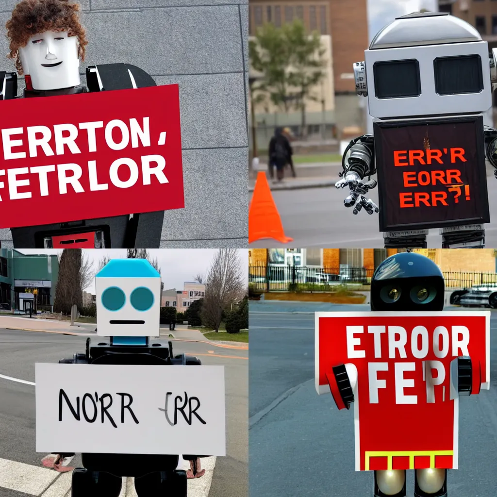 Prompt: photo of robot holding a sign with text that reads : error