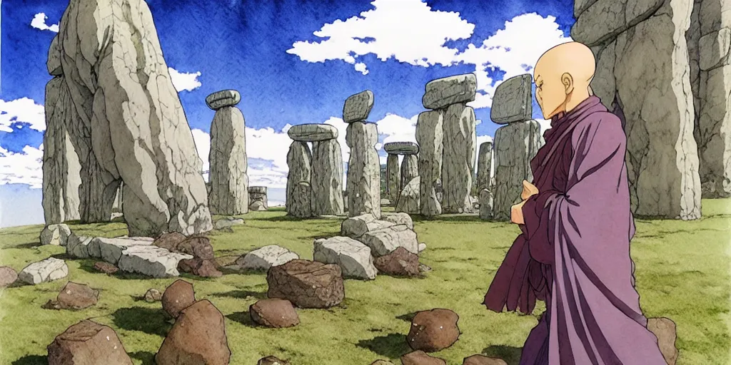 Image similar to a hyperrealist anime watercolor fantasy concept art of a giant monk with a big forehead and a grey robe swaying in stonehenge. in the background several immense stones are floating in the air. by rebecca guay, michael kaluta, charles vess