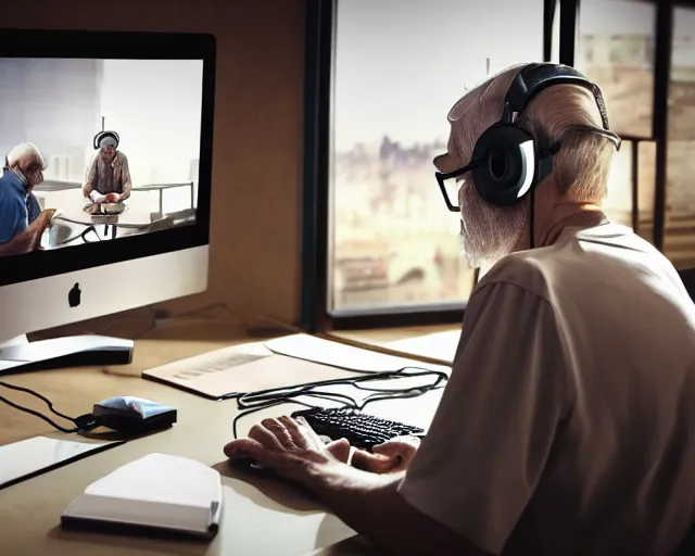 Prompt: old man hipster using desktop gaming computer, wearing headset, sitting at desk, confused by computer, cinematic, 4k, hyper realistic, super detailed, colorful accents, golden ratio, highly detailed professional photo, centered, rim lights, vray caustics