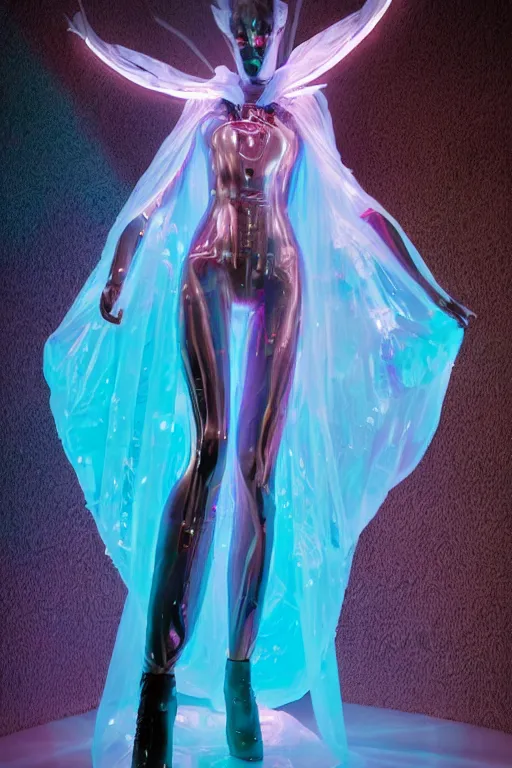 Prompt: full-body rococo and cyberpunk delicate crystalline sculpture of a muscular iridescent slender man as a humanoid deity wearing a thin see-through plastic hooded cloak sim roupa, posing like a superhero, glowing pink face, crown of white lasers, large diamonds, swirling black silk fabric. futuristic elements. oozing glowing liquid, full-length view. space robots. human skulls. throne made of bones, intricate artwork by caravaggio. Trending on artstation, octane render, cinematic lighting from the right, hyper realism, octane render, 8k, depth of field, 3D