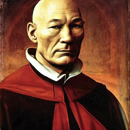 Prompt: Renaissance portrait painting of Patrick Stewart