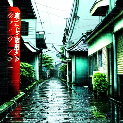 Prompt: anime tokyo residential quiet street scenery only wallpaper aesthetic, rainy scene, beautiful