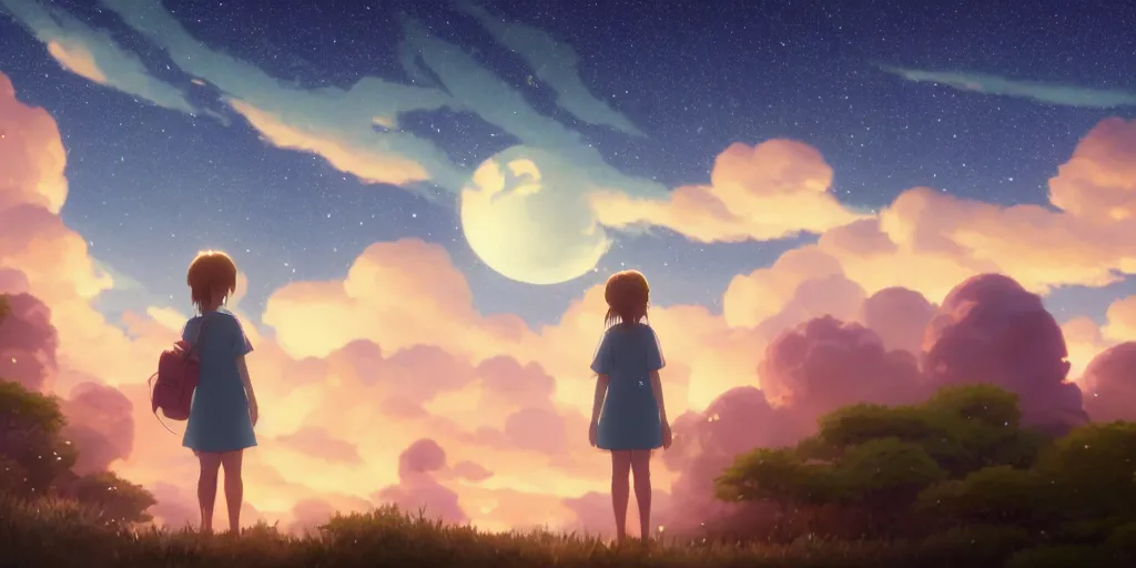 Prompt: a wholesome animation key shot of a focused girl looking at a starry sky at night, medium shot, waist up, studio Ghibli, Pixar and Disney animation, sharp, very detailed, high resolution, Rendered in Unreal Engine 5, anime key art by Greg Rutkowski, Bloom, dramatic lighting