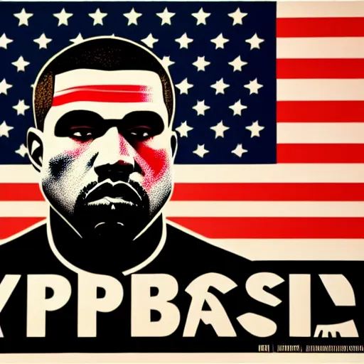 Prompt: Russian Propaganda Soviet screen-print shepard fairey illustrated poster of Kanye West as President standing in front of a USA America flag