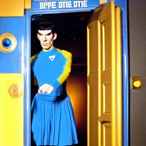 Image similar to spock!!!!!!!! in blue tutu exiting the tardis!!!!!!!, spock spock spock tardis tardis tardis color photo