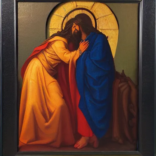 Image similar to 1 8 th oil panting of a jesus kissing a woman