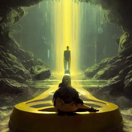 Prompt: a sage meditates under a waterfall pieces with glowing yelow visor as a realistic scifi cyberpunk, torso, art by james jean and greg rutkowski!!, realistic face, like anime, digital art, concept art, golden ratio, perfect composition, trending on artstation, 8 k