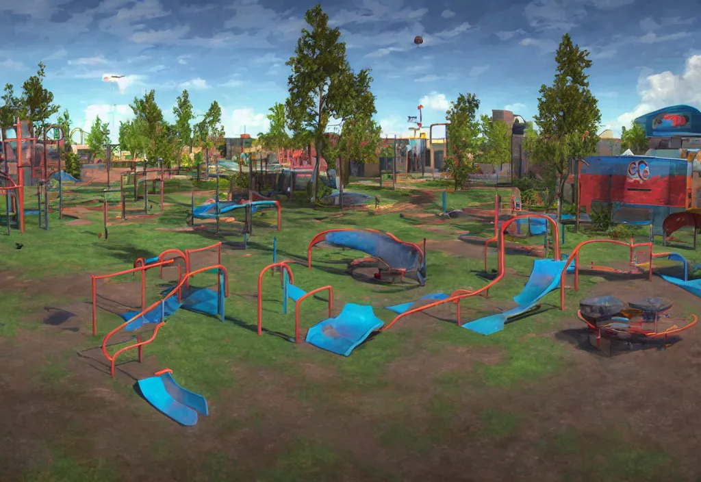 Prompt: a teenage retro playground in half life source engine render stunning and glowing radiant loving memorable landscape scene realistic oil and pastel painting by teddy ruth, kimberly asstyn, and josh grover.