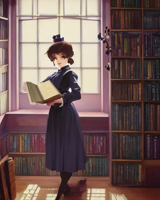 Image similar to a portrait of a victorian maid standing in a victorian reading room, window, bookshelf, holding a stack of books, vivid colors, soft lighting, atmospheric, cinematic, moody, in the style of Ilya Kuvshinov and Range Murata, Krenz Cushart, oil on canvas, anime, 8K