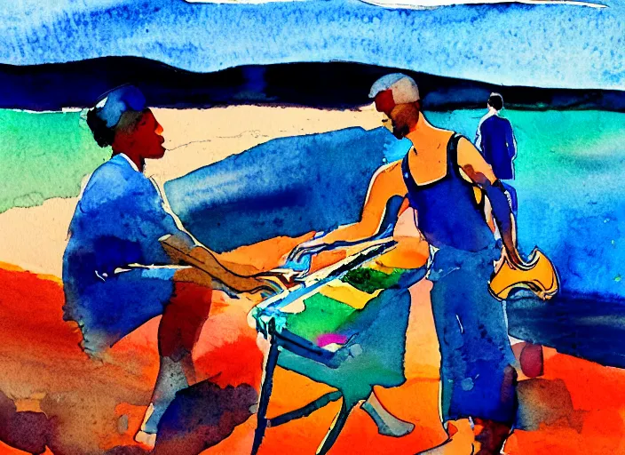 Prompt: watercolor and collage by eric carle, of steph curry playing analog synthesizer on the beach, peaceful mood