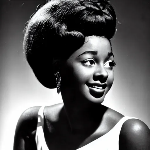Image similar to black and white photo of a beautiful and elegant 1 9 5 9 young black actress with four in her hair