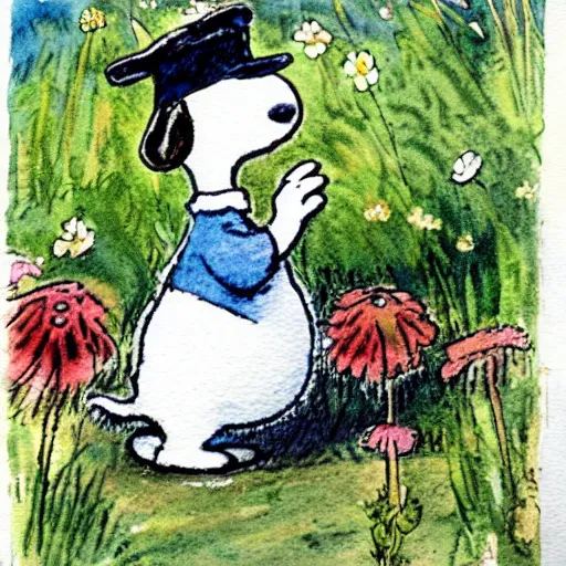 Image similar to Beatrix Potter watercolor illustration of Snoopy in a garden