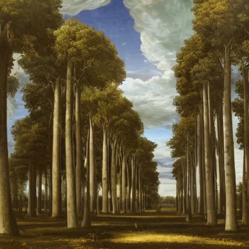 Prompt: a renaissance palace, beautiful tall trees, clouds in the sky, hyperrealistic
