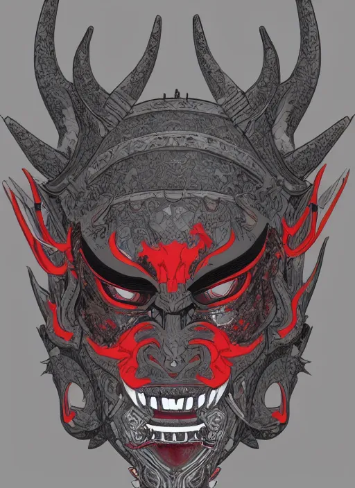 Prompt: Demon Samurai Mask, in the style of Sam Guay and James Jean, extremly detailed, flat illustration, trending on artstation