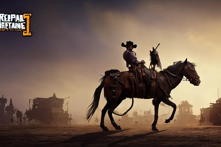 Prompt: photo from shoulder of a cowboy, riding a steampunk horse, carrying a big gun, on a futuristic shopping mall, cinematic lightning, ray tracing, unreal engine 5, photorealistic, 8 k, uhd, 4 k, red dead redemption 2 game concept, extremely detailed, beautiful, elegant, intricate, foggy, in - game footage