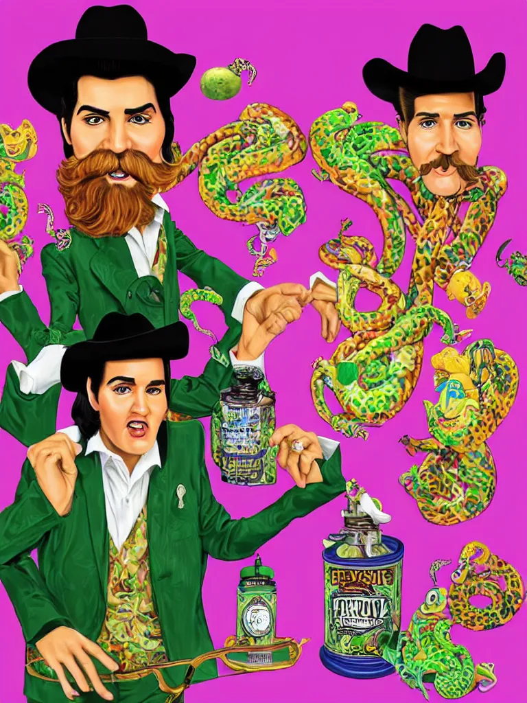 Image similar to long shot full body portrait of professional wrestling salesman elvis presley johnny cash cowboy snakeoil salesman wearing oversized cowboy hat with curly moustache and anthropomorphic purple snakeskin business suit, pictured in front of a green screen selling locomotive petroleum snake oil eggs bottled in faberge briefcases from the distant future, portrait art by lisa frank and basil wolverton