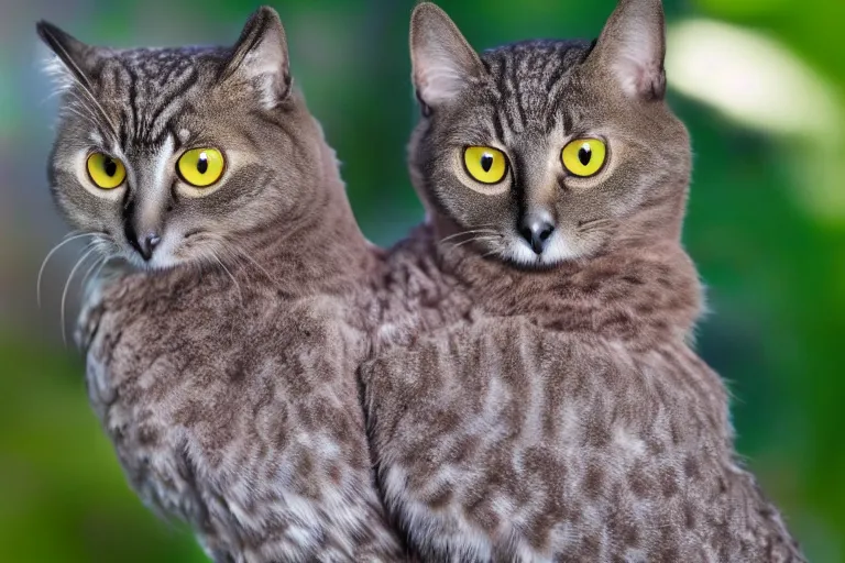 Image similar to a cat owl!!! hybrid! hyper realistic!! realistic lighting!! wildlife photographer of the year!!! bold natural colors, national geographic, hd, wide angle, 8 k