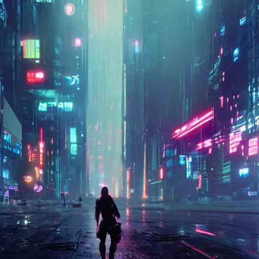 Image similar to return of the cyberpunk army in neon city, raining, cinematic lighting, 4 k, by greg rutkowski