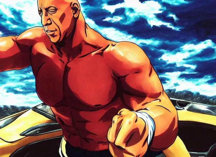 Image similar to vin diesel as saitama punching a car, hyperrealism