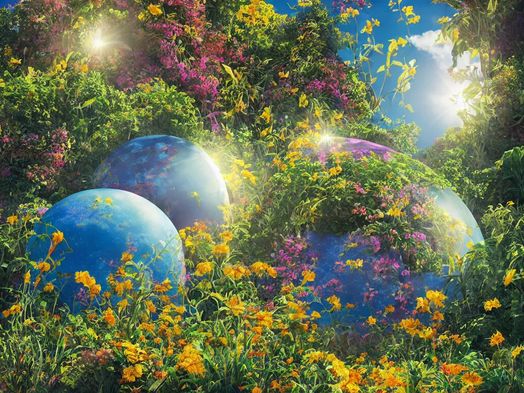 Image similar to sunlight study, the universe is a spheroid region 7 0 5 meters in diameter of kauai wildflower undergrowth, art nouveau, by maria sibylla merian and ( ( ( ( ( lisa frank ) ) ) ) ), 8 k, sharp focus, octane render