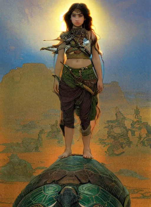 Image similar to a little warrior girl standing on top of one giant turtle in the desert. the girl has dark skin and beautiful green eyes, realistic full body and a very beautiful detailed symmetrical face with long black hair. diffuse light, dramatic sky and landscape, extreme long shot fantasy illustration by mucha