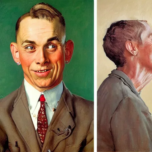 Image similar to Front portrait. On the left, a man trying to look as alpha male as possible. On the right, a woman laughing at him. A painting by Norman Rockwell.