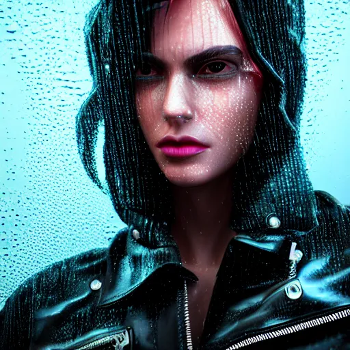 Image similar to stylish woman cartoon portrait made out of rain, leather jacket, cyberpunk background, rendered in octane, unreal engine, highly detailed, trending on artstation, realistic, neon, beautiful