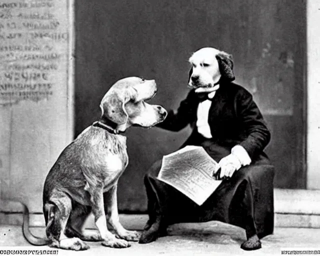 Image similar to a photo of canine karl marx ( karl barx ) as a dog, barking about the failures of capitalism and how the fat cats are creating a rat race of exploitation. how does one write a manifesto with those paws though?