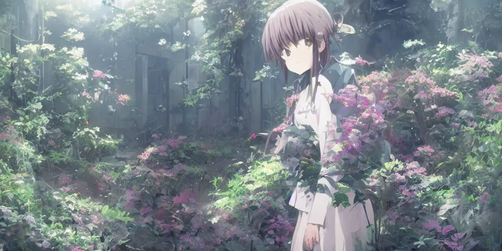 Prompt: anime kyoto animation key by greg rutkowski, perfectly detailed android girl in abandoned chapel with overgrown flowers and plants