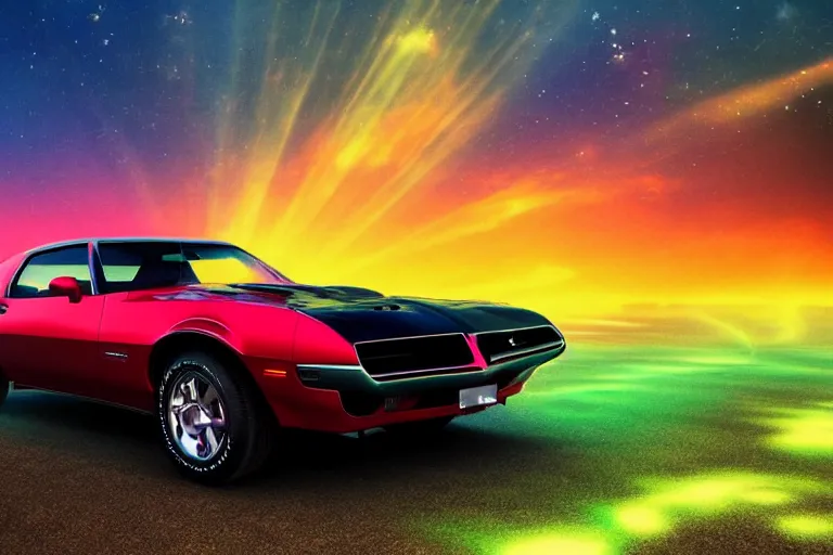 Image similar to pontiac firebird with glowing paint, sunrise, eerie light, fireflies, dramatic, cinematic, forest, sunbeams, volumetric lighting, wide shot, low angle, realistic pokemon looking at car, pokemon, creatures