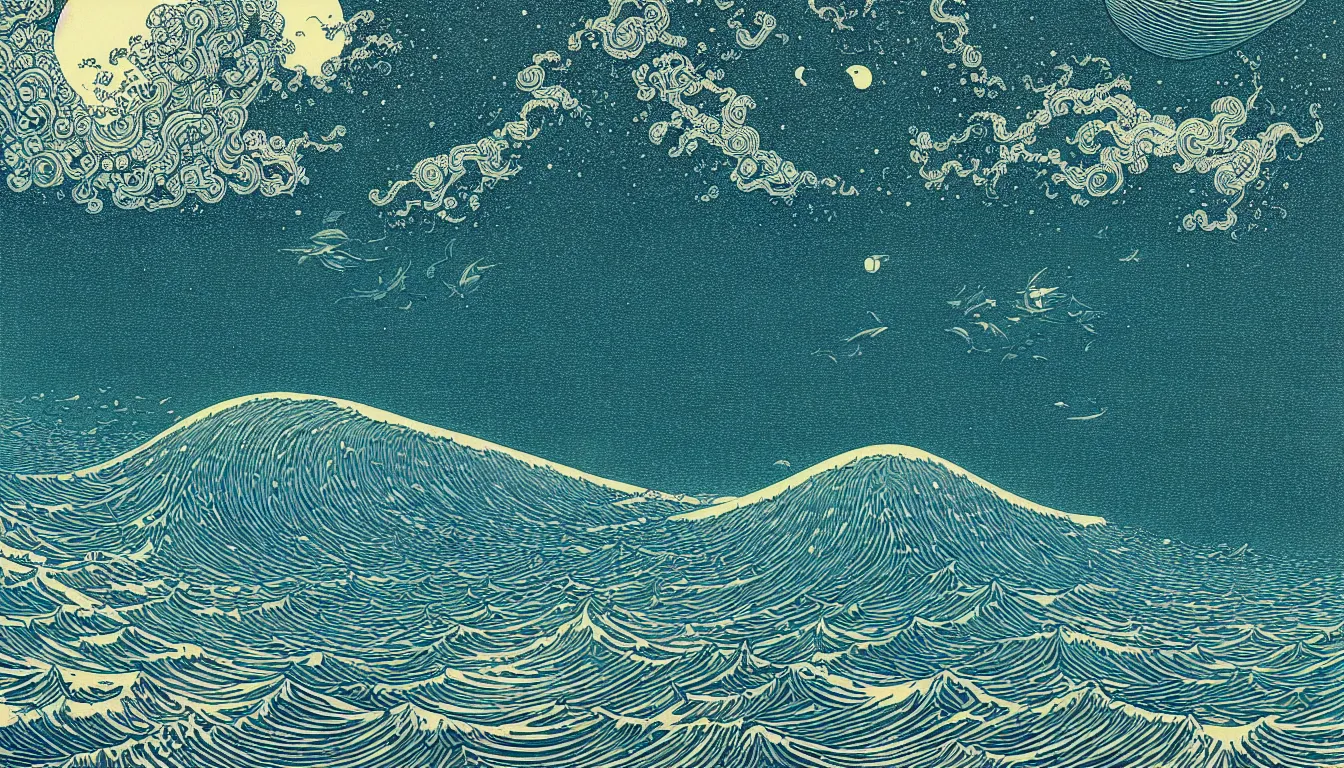 Image similar to ocean horizon by woodblock print, nicolas delort, moebius, victo ngai, josan gonzalez, kilian eng