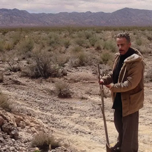 Image similar to Jordan Peterson digging a ditch, dressed like a homeless man in the desert. Photograph from a horror film.