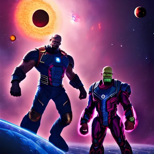 Prompt: barrack obama fighting against thanos in space, hyperrealistic picture,, fantasy art, photo realistic, dynamic lighting, artstation, poster, volumetric lighting, very detailed, 8 k, award winning