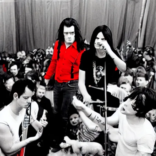 Prompt: The White Stripes playing to a crowd of hamsters