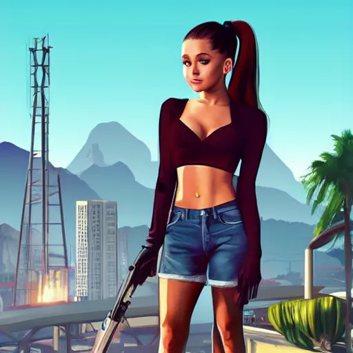 Image similar to Ariana Grande in GTA V, cover art by Stephen Bliss, artstation