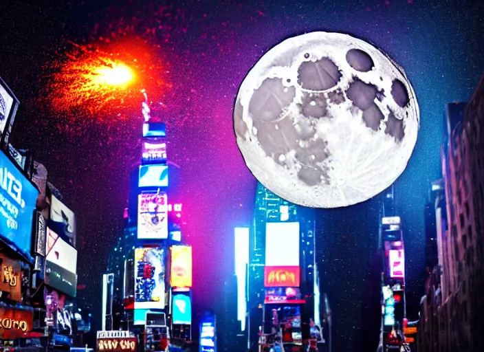 Image similar to film still of the moon shattering into pieces exploding moon over time square in the new disaster, 8 k, night time