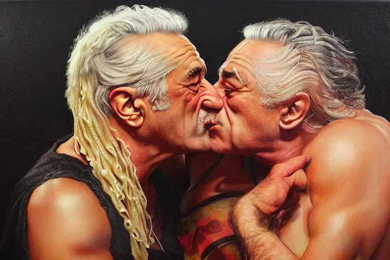 Prompt: robert de niro and dee snider spaghetti noodle kiss, an oil painting by ross tran and thomas kincade