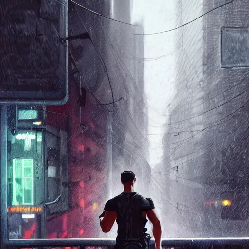 Image similar to A broad shouldered, muscular man wearing Acronym p-31 Ds pants and Sleeveless shirt and Nike Acronym presto sneakers, rooftop, sniper rifle stationed in background, Police sirens shining in far background, high quality, digital art, dirty cyberpunk city, rain, greg rutkowski