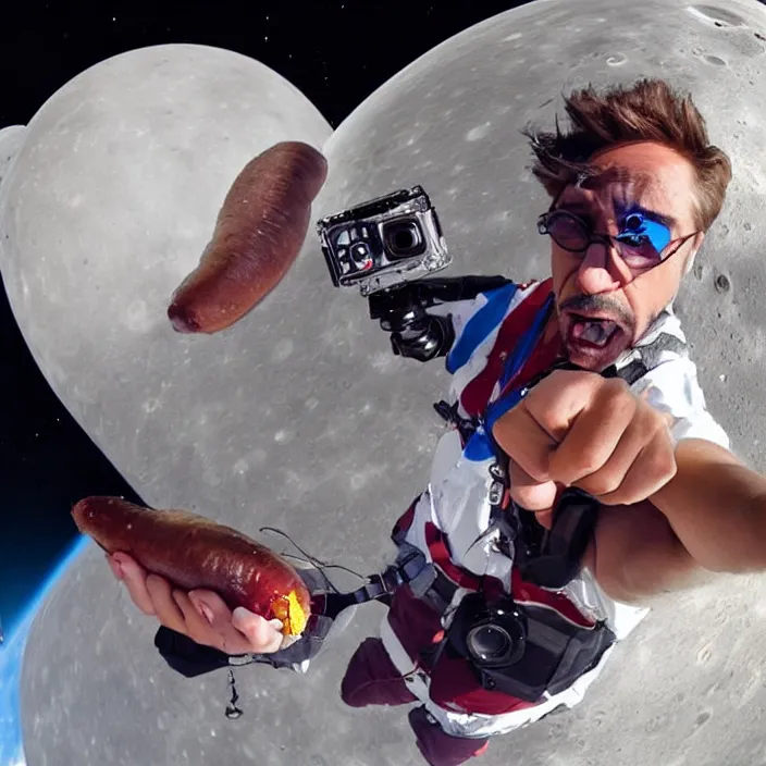 Image similar to robert downey jr eating a delicious hot dog on the moon, gopro selfie with a fisheye lens