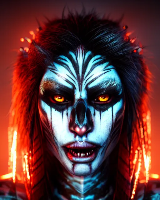 Prompt: beautiful headshot of the psychotic aztec nightmare queen, realistic render, unreal engine, cgsociety, trending on deviantart, cinematic lighting, highly detailed
