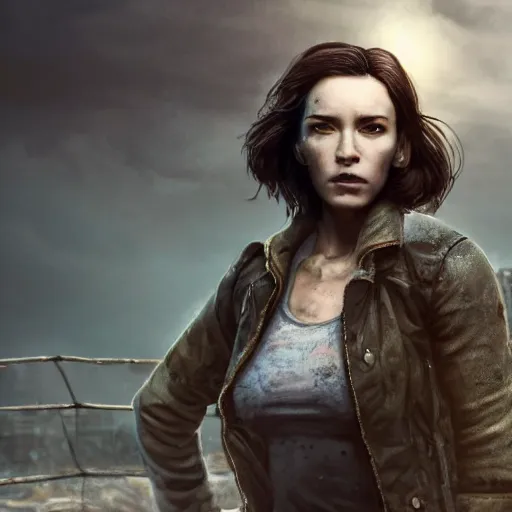 Image similar to fallout 5, charismatic beautiful rugged brunette female protagonist, portrait, outdoors ruined cityscape, atmospheric lighting, painted, intricate, volumetric lighting, beautiful, daytime, sunny weather, slight overcast, sharp focus, deep colours, ultra detailed, by leesha hannigan, ross tran, thierry doizon, kai carpenter, ignacio fernandez rios