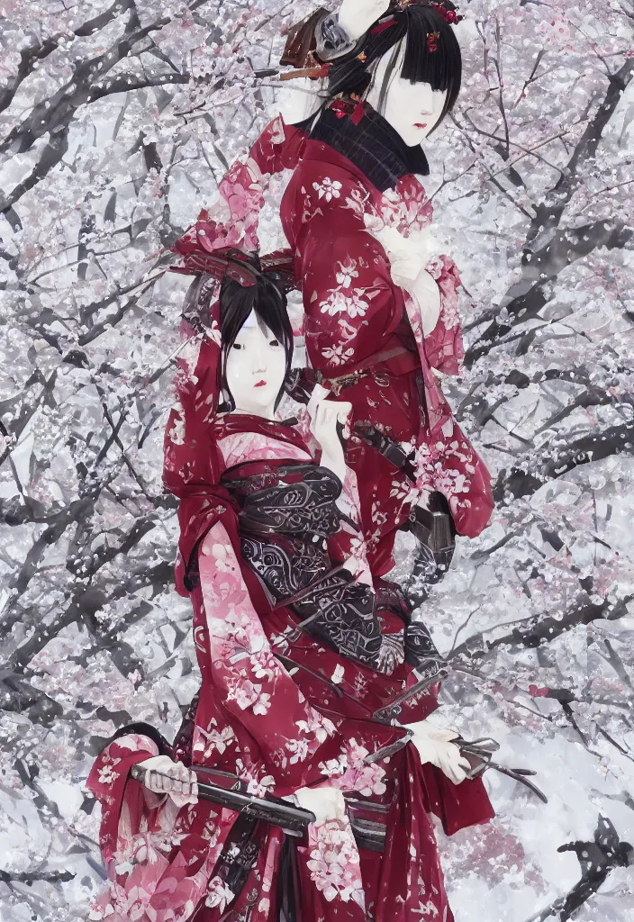 Prompt: detailed portrait of girl samurai in hakama with swords and steampunk rifles, in snow forest sakura cherry blossom, hakama kimono, taisho roman, trending on artstation elite, elegant, luxury, by krenz cushart, junji ito, takato yamamoto, perfect face, fine details, realistic shaded, fine - face, pretty face