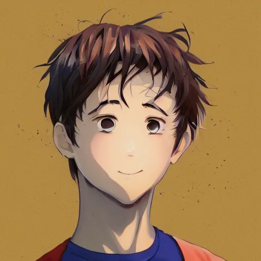 Prompt: A medium shot anime portrait of a happy anime man with extremely short walnut hair and blue eyes, wearing a t-shirt, his whole head fits in the frame, solid background, head shot, by Stanley Artgerm Lau, WLOP, Rossdraws, James Jean, Andrei Riabovitchev, Marc Simonetti, and Sakimi chan, trending on artstation