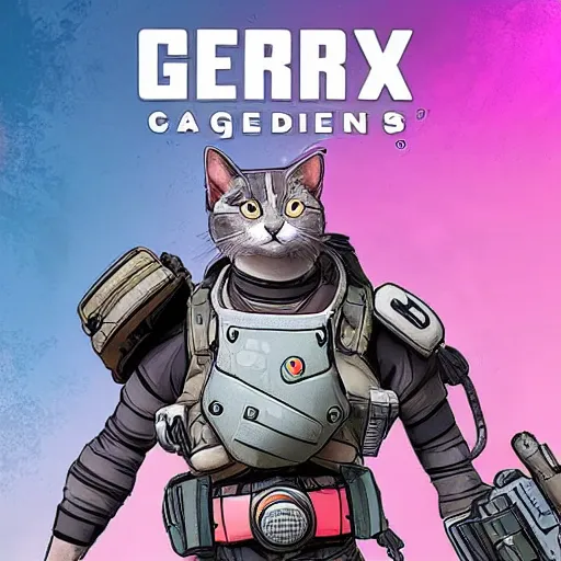 Prompt: cute grey cat plays apex legends, comic style, video game, pink background