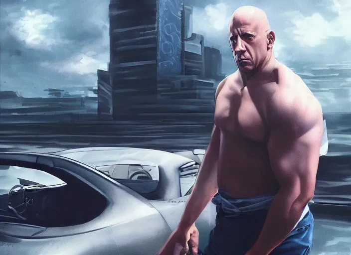 Image similar to landscape, long shot of vin diesel as saitama!!! throwing a car, hyperrealism, trending on artstation