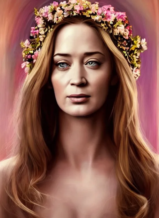 Image similar to amazingly pretty painting depiction of 20 year old Emily Blunt as a young goddess staring seductively at you. ultra detailed painting at 16K resolution and amazingly epic visuals. epically beautiful image. amazing effect, image looks gorgeously crisp as far as it's visual fidelity goes, absolutely outstanding. vivid clarity. ultra. iridescent. mind-breaking. mega-beautiful pencil shadowing. beautiful face. Ultra High Definition. godly shading. amazingly crisp sharpness. photorealistic film cel processed twice..
