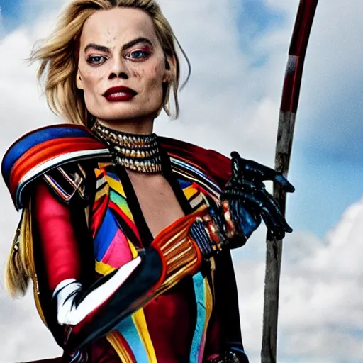 Prompt: photo of margot robbie as a harlequin warrior