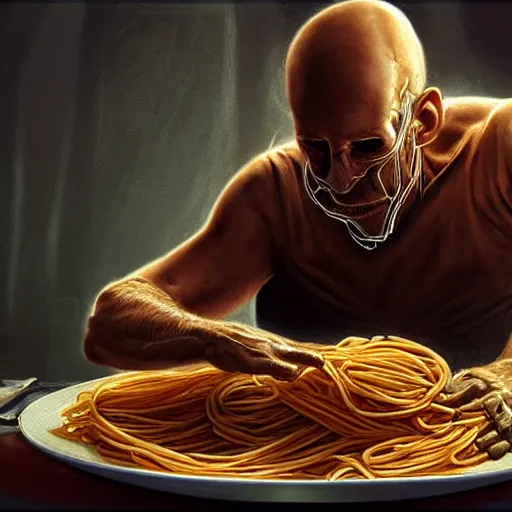 Image similar to locutus eating spaghetti concept art, ultra realistic, digital art, rich deep colors, smooth shadows, high resolution, cinematic